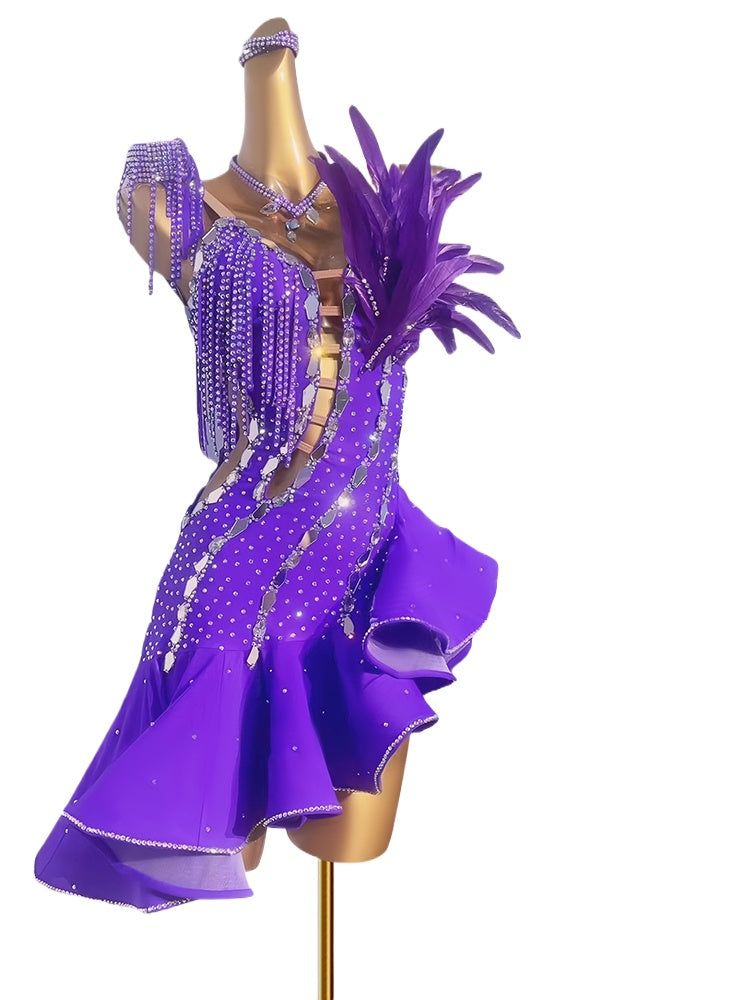 Custom Size Violet Feather Competition Slant Neck Latin Dance Competition Dresses for Women Girls Kids Salsa Rumba Blackpool Competition Uniform Adult Performance Uniform