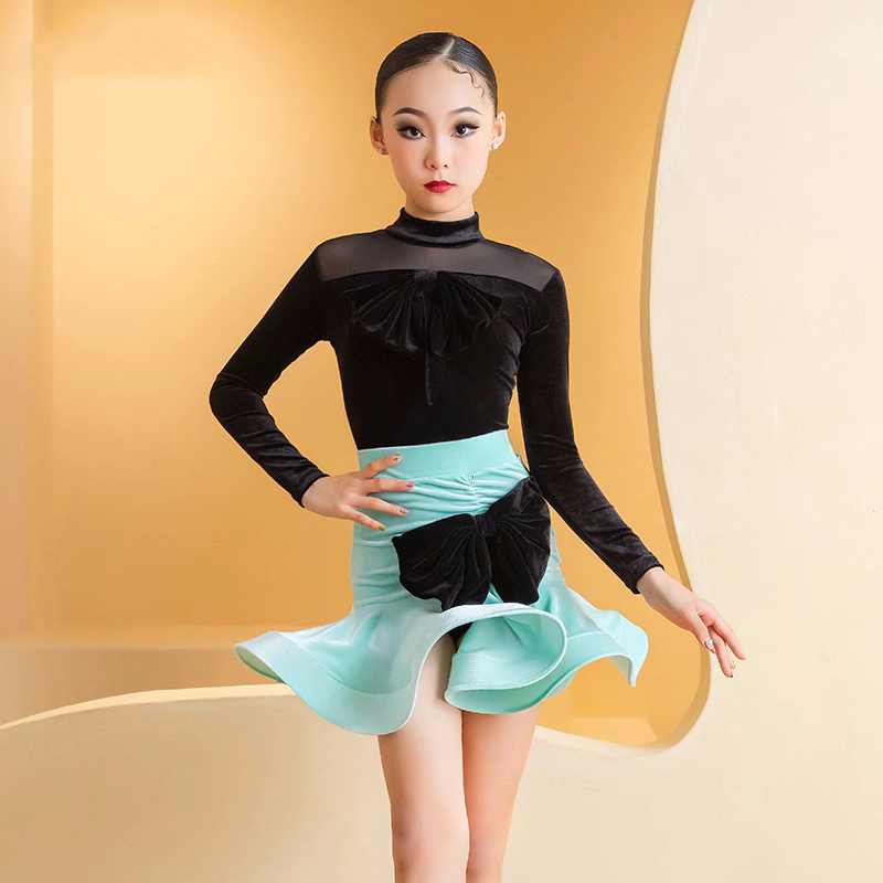 Green Black Velvet Latin Dance Dresses for Kids Girls Salsa Ballroom Latin Chacha  Art Test Performance Clothes for Children