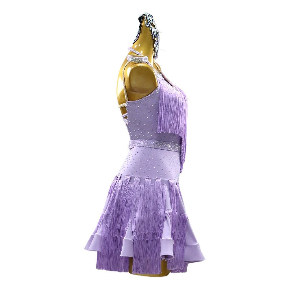 Lavender Purple Fringe Competition Latin Dance Dress for Women Girls Salsa Rumba Latin Cha Cha Jive Performance Flower Costume Solo Dance Dress