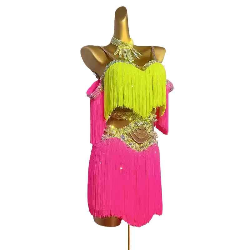 Custom Size Competition Fringe Latin Dance Dresses for Women Girls Kids Colorful Pink Yellow Latin Salsa Rumba Chacha Blackpool Solo Dance Clothes