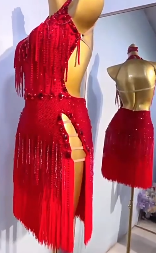 Custom Size Red Fringe Bling Competition Latin Dance Dresses for Women Girls Black Pool Salsa Rumba Chacha Performance Outfits