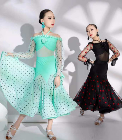 Girls mint green black red polka dot ballroom dance dresses for children kids modern latin ballroom dance performance outfits big skirt