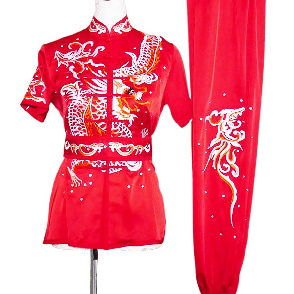 Custom Size Chineses Kung Fu Uniforms Dragon Embroidery Red Short Sleeve Long Fist Nanquan Wushu Exam Competition Uniforms for Adult Kids