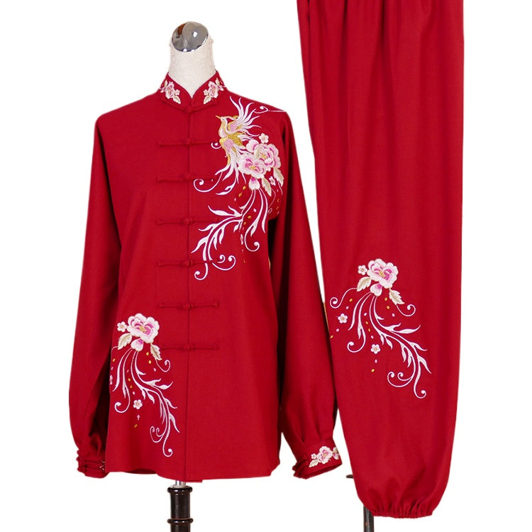 Custom Size Wine Cotton and Linen Tai Chi Clothing for Women Embroidered Phoenix Flowers Wushu Martial Art Competition Performance Uniforms Taijiquan Wear