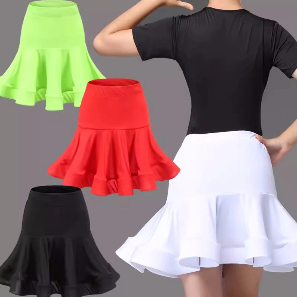 Girls Red Neon Green Black Latin Dance Skirt Kids Children Practice White Latin Salsa Chacha Dancing Skirt