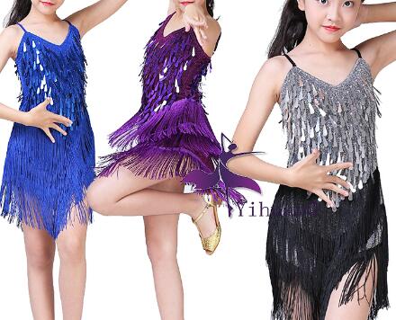 Girls Latin Dance Dresses Kids children latin dresses girls performance competition salsa sequined fringed dancing dresses