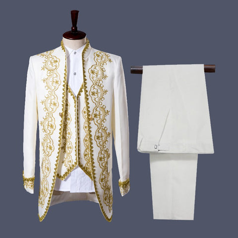 Men's jazz dance coats host singers magician European palace style embroidery pattern white black long jackets - 