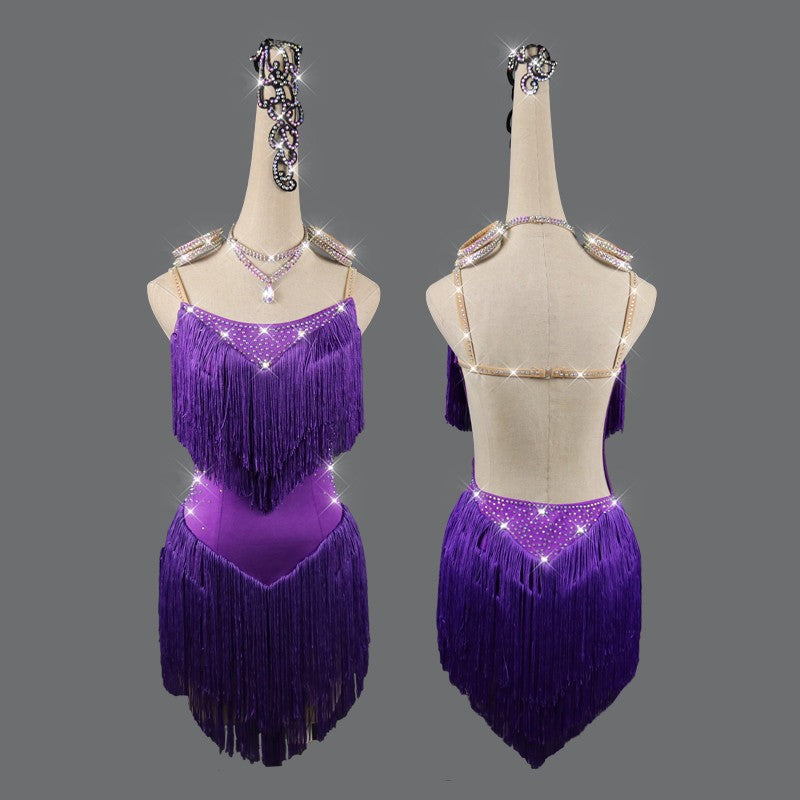 Purple fringes competition latin dresses for women salsa chacha dance dress robe latine pour femme Latin Dance Dresses