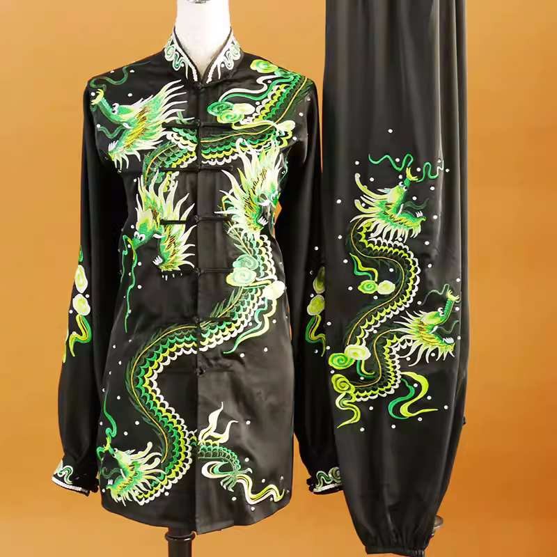 Emboidered dragon black with green tai chi clothing for unisex chinese kung fu uniforms wushu competition suit for women and men