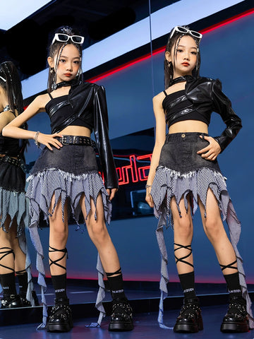 Girls Jazz Dance Costume Kids Street  Hip Hop Rappers Singers Party Show Carnival Dance Catwalk Trendy Clothing Irregualr Skirt One Shoulder Top