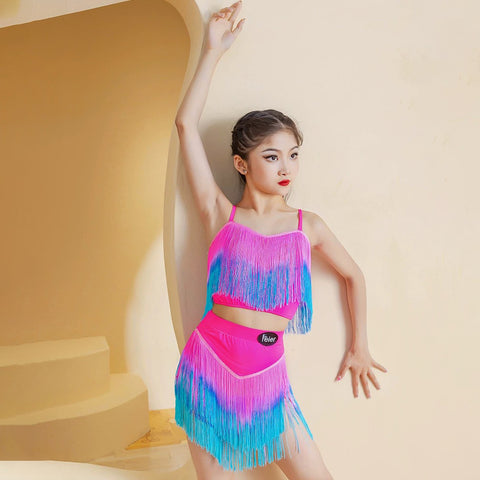 Girls Kids Colorful Gradient Fringe Pink Latin Dance Dresses for Children Salsa Rumba Cha Cha Latin Performance Costumes