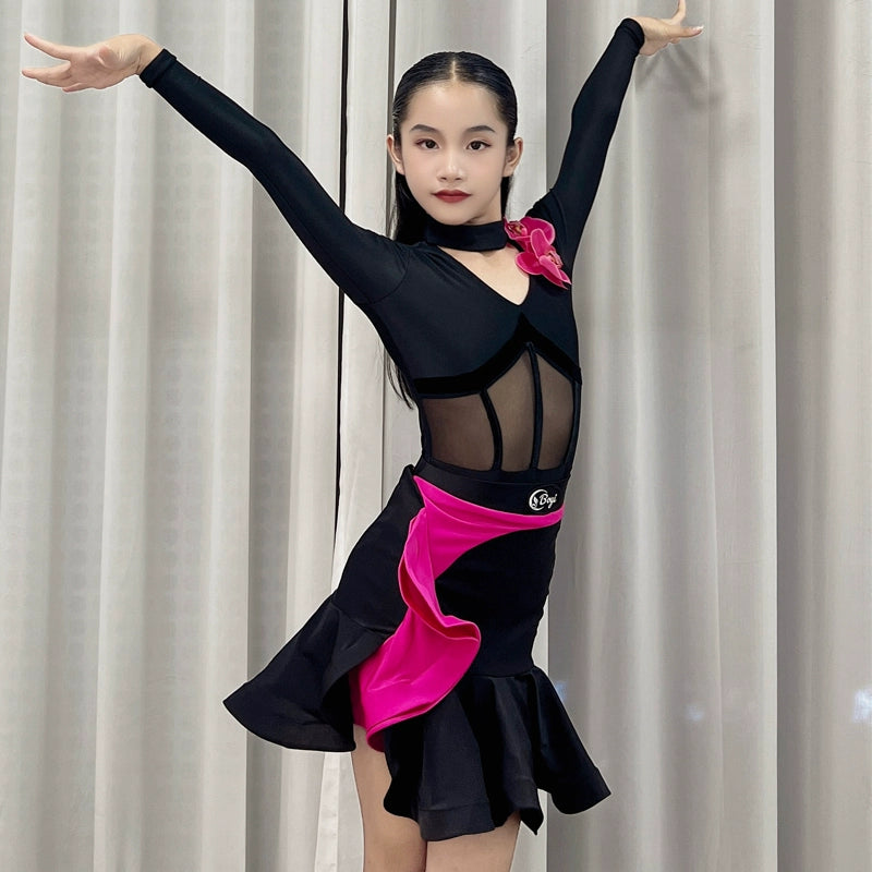 Black with Hot Pink Ruffles Latin Ballroom Dance Dresses for Kids Girls Professional Salsa Chacha Rumba Art Examination Standard Competition Costumes