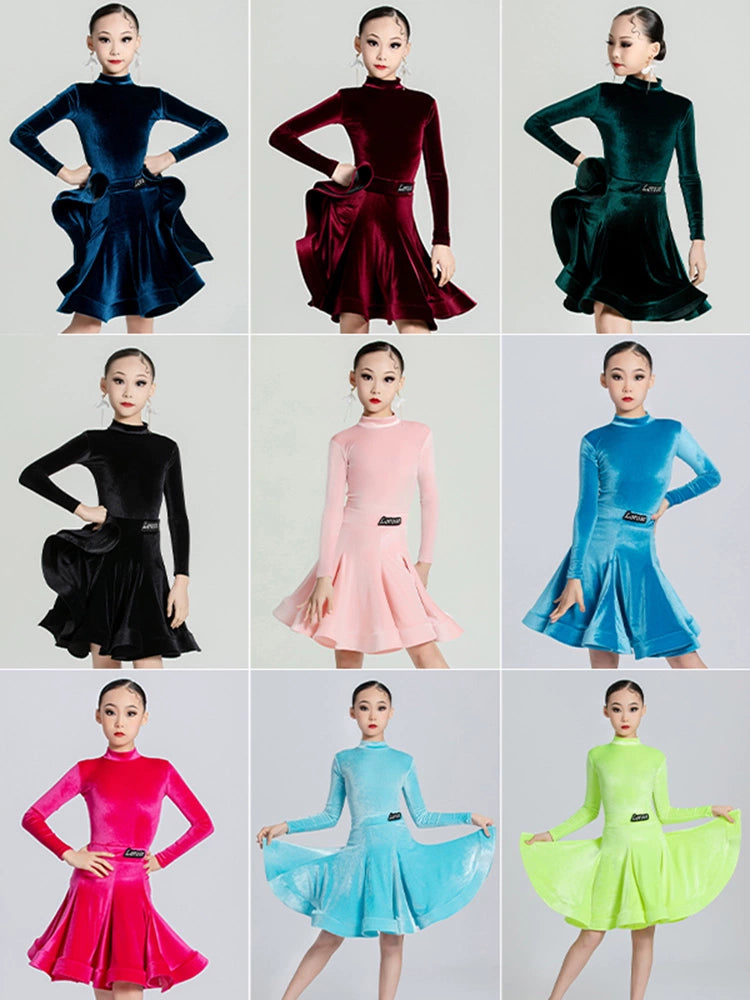 Children's  Pink Blue Red Green Black Latin Ballroom Dance Dresses for Girls Kids High-necked Velvet Long-sleeved  Salsa  Dance Clothes