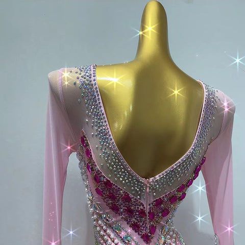 Customized Size Rhinestones Light Pink Competition Ballroom Dance Dresses for Women Girls Waltz Tango Foxtrot Rhythm Smooth Dance Swing Skirt