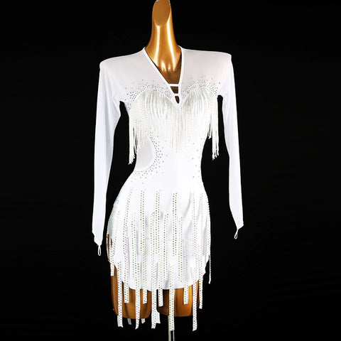 White Bling Fringe Latin Dance Competition Dresses for Women Girls Long Sleeves Salsa Rumba Chacha Senior Performance Skirts