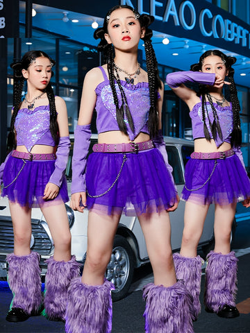 Children's Jazz Dance Costumes Gogo Dancers Rapper Singers Purple Pink Sequined Performance Outfits Catwalk Girl Group Dance Clothes