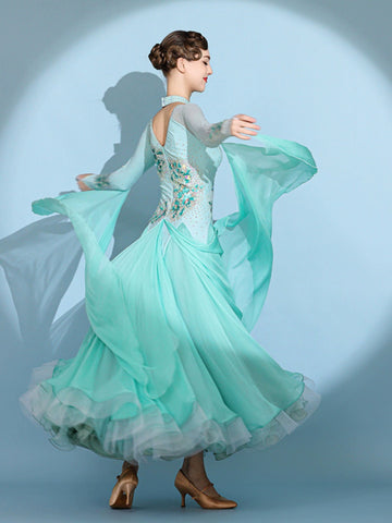 Aqua green color competition ballroom dance dresses for women girls waltz tango senior rhythm modern dance costume