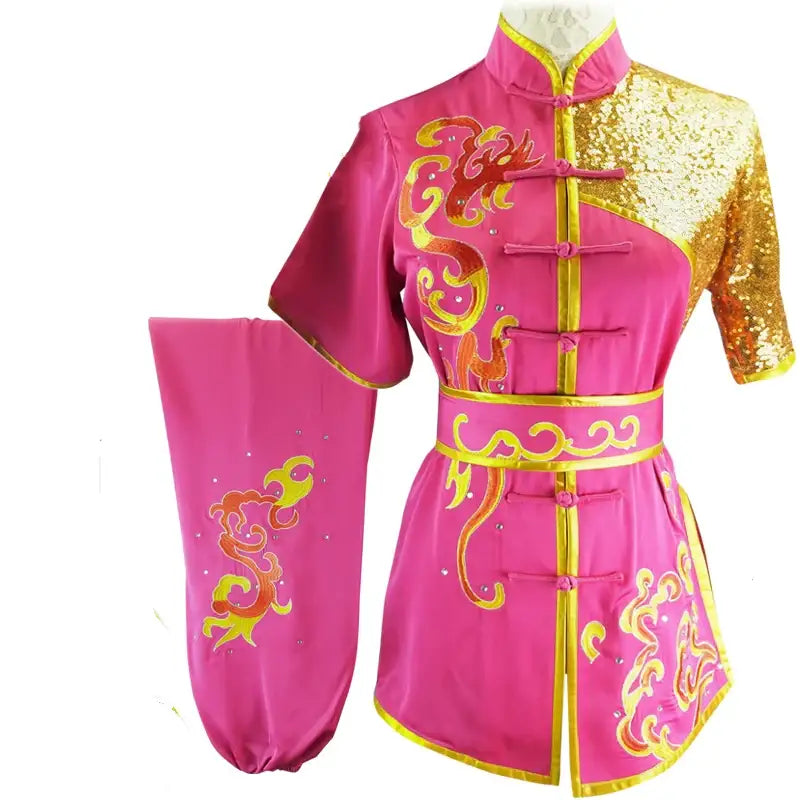 Chinese Martial Arts Clothes Kungfu Clothe  Tai Chi Wushu Competition Performing Colored Clothes, Rose Red Embroidery,