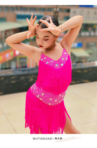 Neon Yellow Hot Pink Fringe Latin Dance Competition Dresses for Girls Children Solo Salsa Rumba Samba Chacha Performance Costumes for Kids