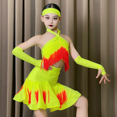 Pink Neon Green Red Fringe Latin Dance Dresses for Girls Kids Salsa Rumba Chacha Halter Neck Performance Clothing for Children