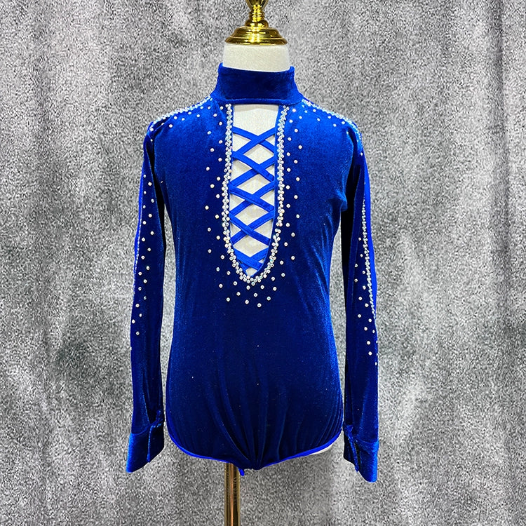 Children Boys Royal Blue Velvet Latin Dance Shirts Kids Rhinestones Turtle Neck Ballroom Latin Dance Competition Leotard Tops