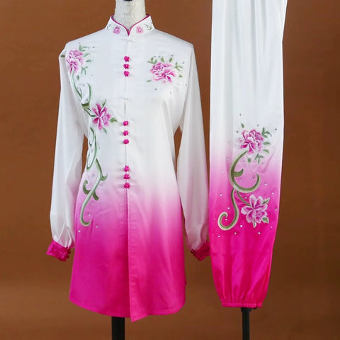 Customized size competition tai chi clothes peony flower embroidered wushu performance uniforms for women group perform suit for female