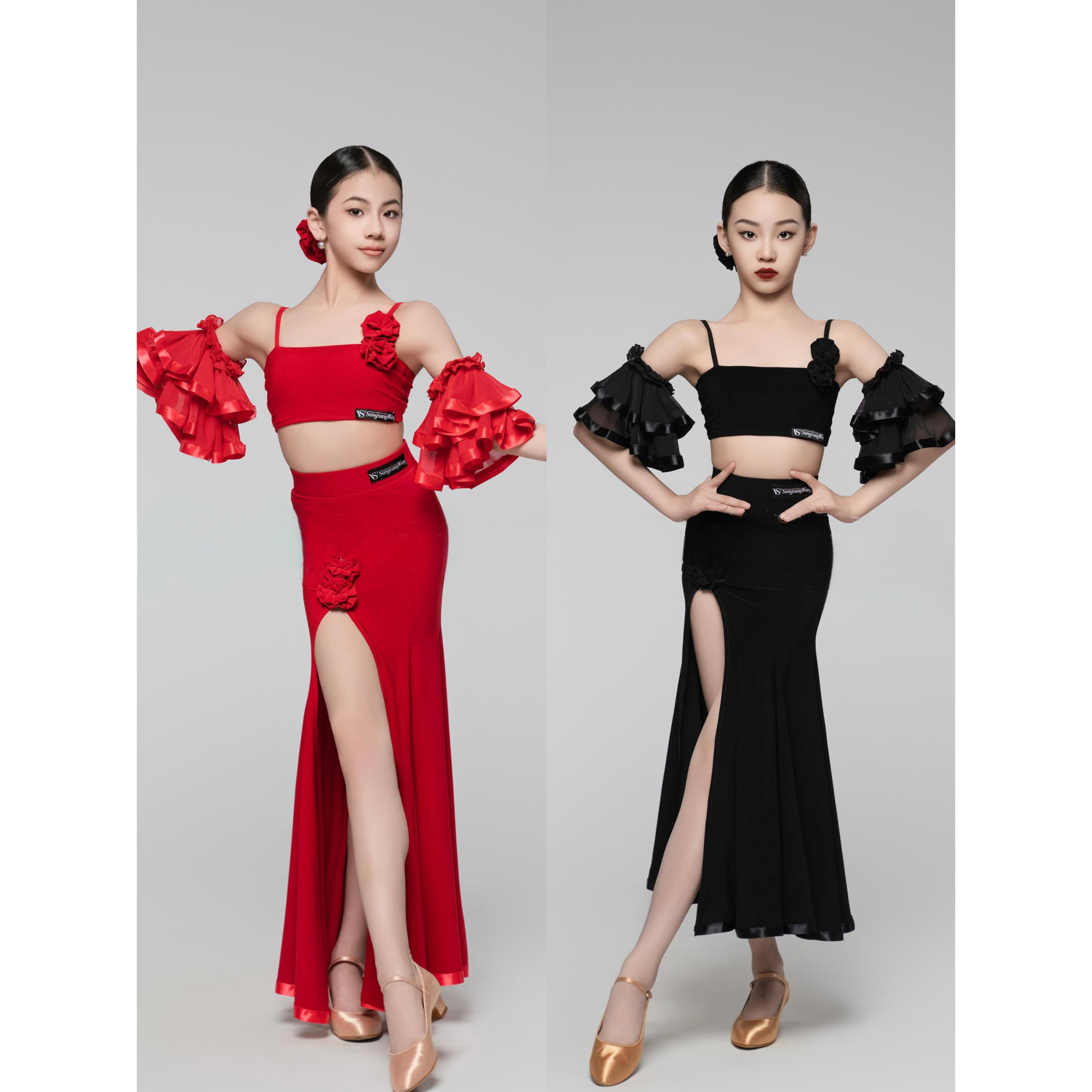 Girls Kids Black Red Ballroom Dance Dresses for Children Latin Waltz Tango Art Exam Dancing Long Skirts