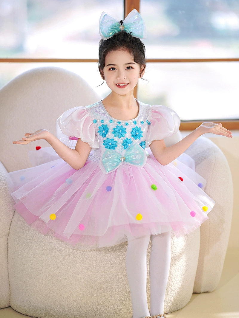 Children Toddlers Pink Yellow Sequins Jazz Costumes Tutu Skirts Girls Kindergarten Choir Performance Princess Dresses