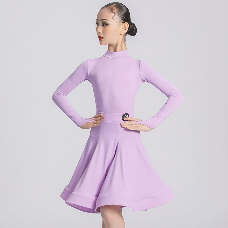 Professional Ballroom Latin Dance Dresses for Girls Kids Wine Lavender Purple Navy Long Sleeves Salsa Rumba Chacha Performance Costumes