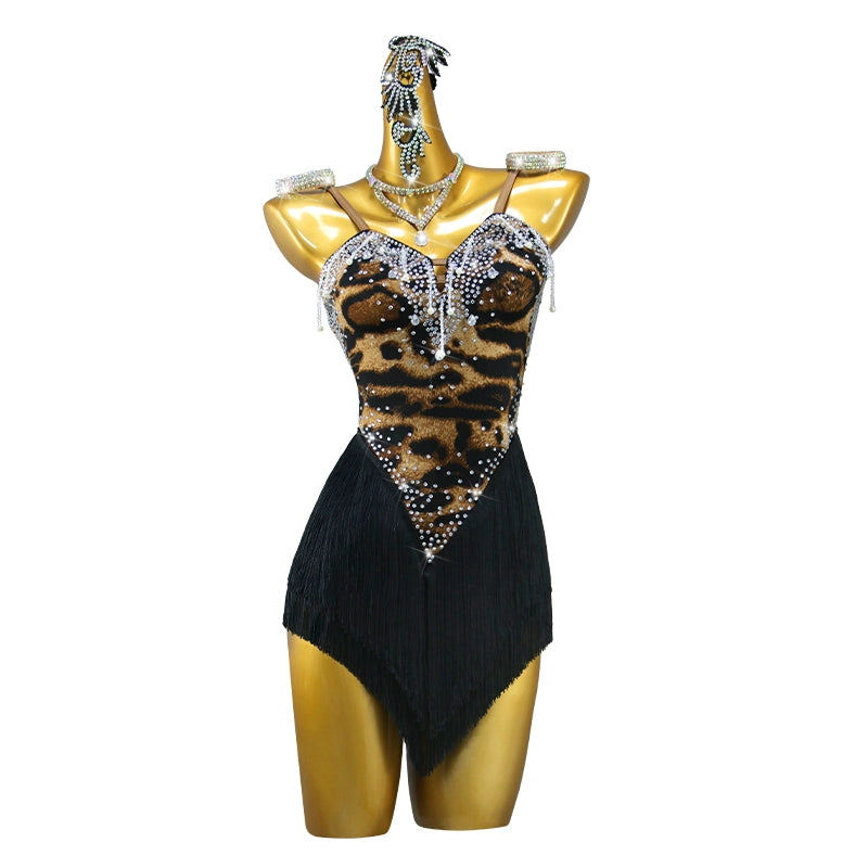 Leopard Fringe Latin Dance Competition Dresses for Women Girls Salsa Rumba Chacha Flower Black Pool Solo Dancing Bling Outfits