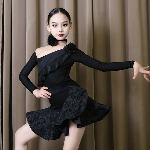 Latin Dance Dresses for Girls Yellow Black Pink Slant Neck One Shoulder Long Sleeves Salsa Rumba Chacha Latin Performance Outfits for Kids