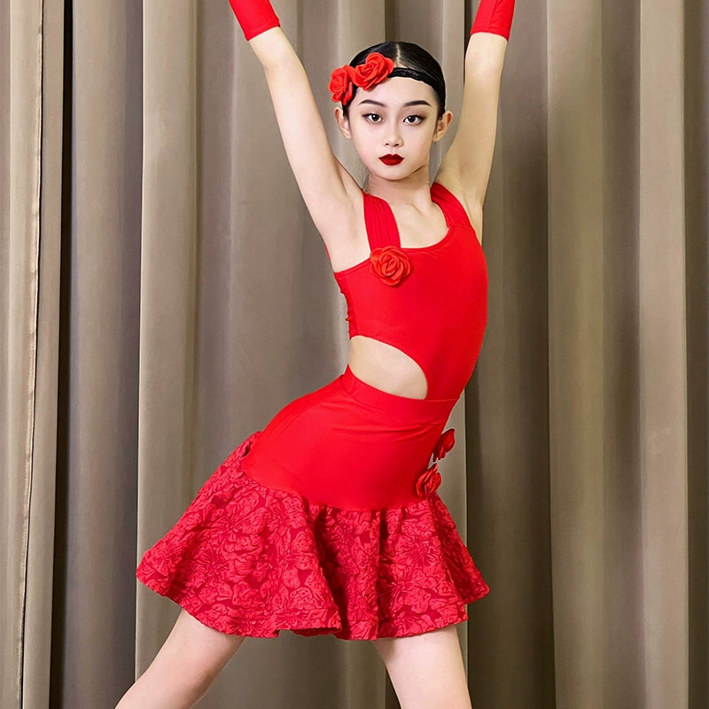 Red Slant Neck Lace Latin Dance Dresses for Girls Kids Children's Salsa Rumba Chacha Ballroom Professional Practice Costumes for Girl