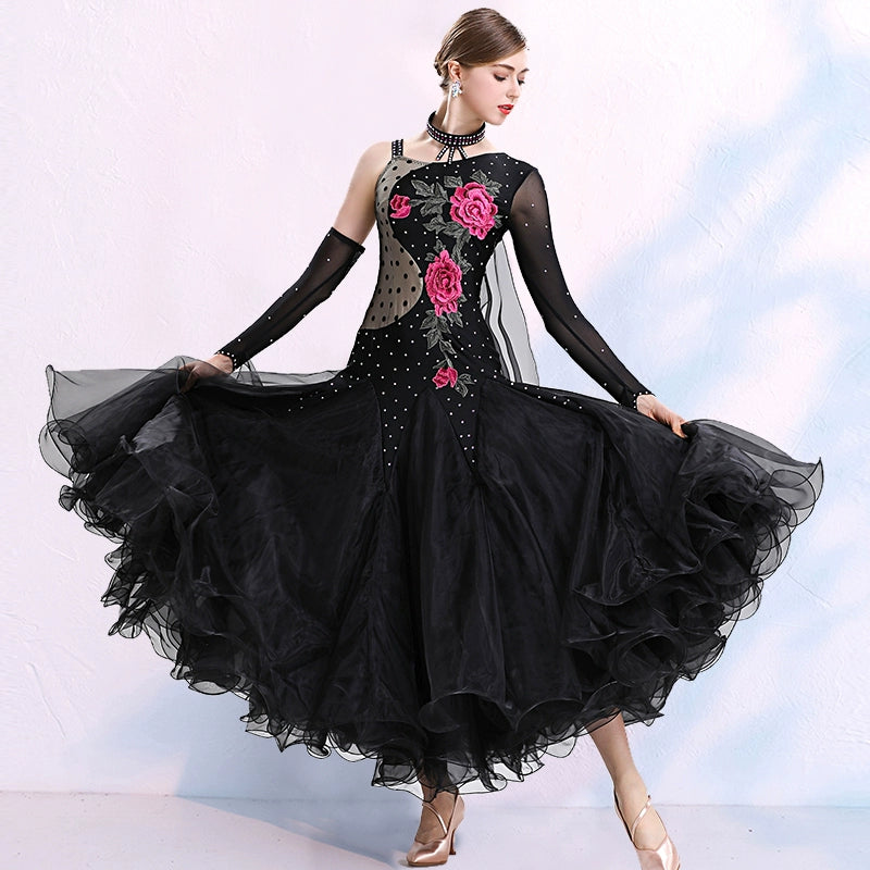 One Shoulder Black Ballroom Dance Dresses for Women Girls Rose Flowers Adult Female National Standard Social Dance Waltz Tango Performance Gown