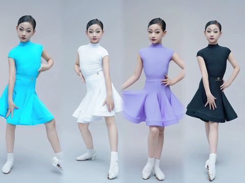 Children's Latin dance dresses for girls kids blue purple white turtleneck latin ballroom salsa competition outfits short sleeve fishbone skirt