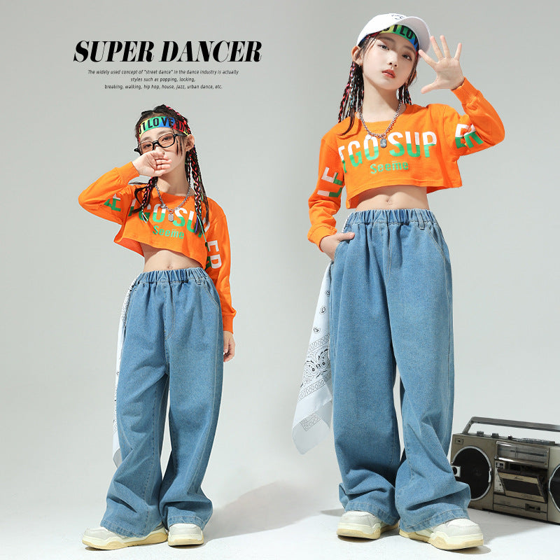 Children's Hip Hop Jazz Dance Costumes Orange Blue Kids Street Dance Clothing Girls Jeans Walk Show Outfits