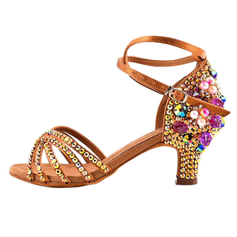 Bronze White Gemstones Latin Dance Shoes for Women Girls Pearl Purple Gemstones High-heeled Latin Ballroom Tango Salsa Jive Chacha Dance Sandals