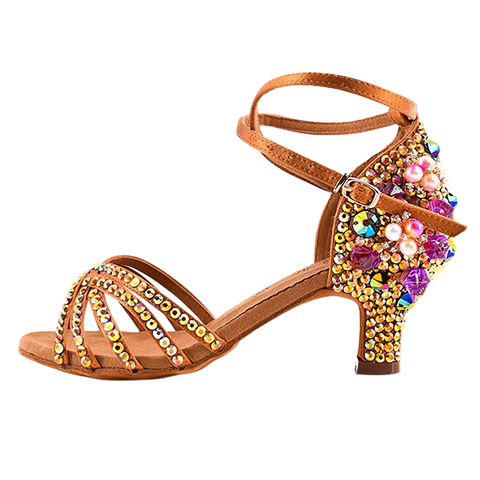 Bronze White Gemstones Latin Dance Shoes for Women Girls Pearl Purple Gemstones High-heeled Latin Ballroom Tango Salsa Jive Chacha Dance Sandals