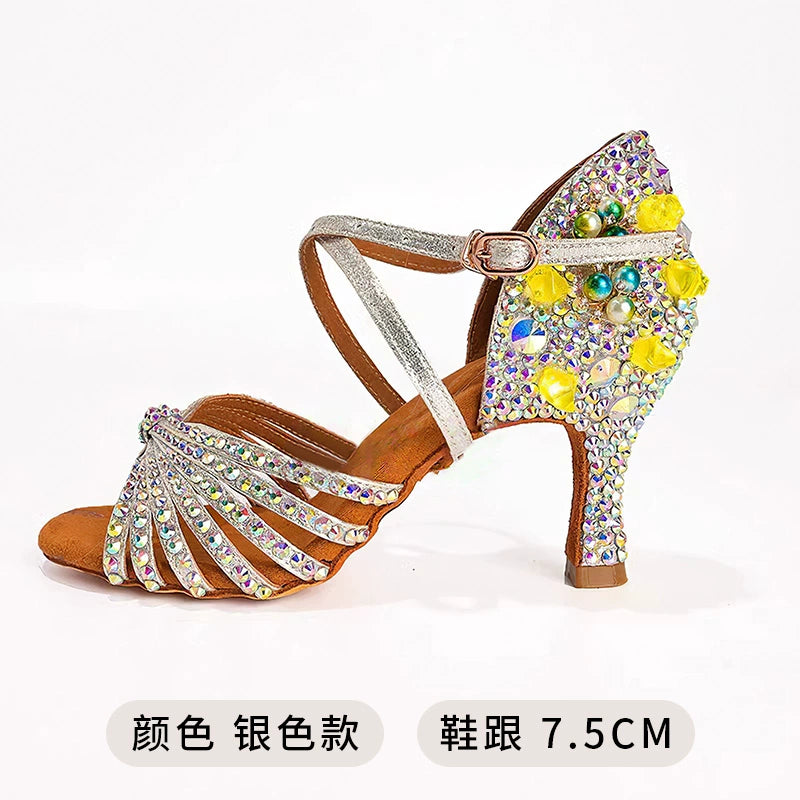 Yellow Gemstones Competition Latin Dance Shoes for Women Girls Kids High Heel Children Salsa Rumba Chacha Tango Latin Dance Shoes Soft Soles