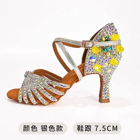 Yellow Gemstones Competition Latin Dance Shoes for Women Girls Kids High Heel Children Salsa Rumba Chacha Tango Latin Dance Shoes Soft Soles