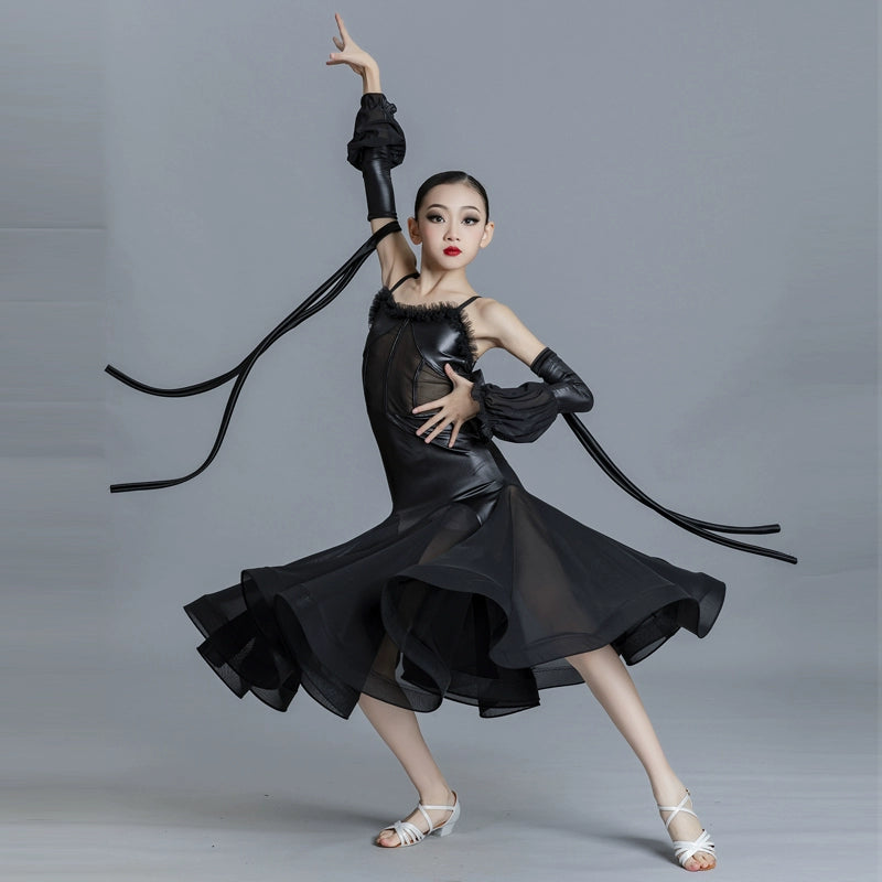 Children's Black Ballroom Dance Dresses for Girls Kids Waltz Tango Ballroom Dance Costumes Performance Swing Skirts