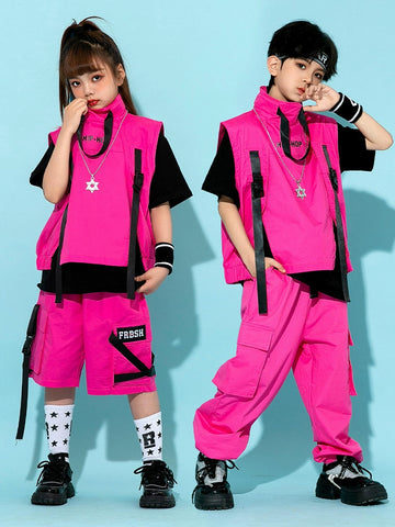 Fuchsia Pink Jazz Street Hip-hop Dance Costumes for Girls Boys Rapper Singers Gogo Dancer Performance Clothes Catwalk Show Clothing