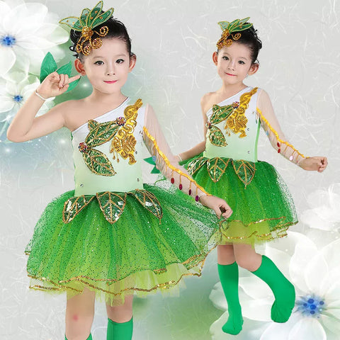 Children's Green Flowers Jazz Dance Dresses Modern Dance Princess Dress Kids Chorus Performance Costumes Choir Dancing Skirts for Girls