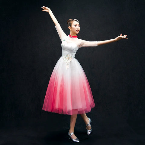 Chinese Folk Dance Costumes Opening Dance Dress chorus costume long skirt adult woman in Classical Dance Costume - 