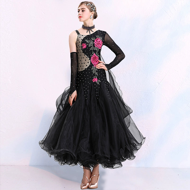 One Shoulder Black Ballroom Dance Dresses for Women Girls Rose Flowers Adult Female National Standard Social Dance Waltz Tango Performance Gown