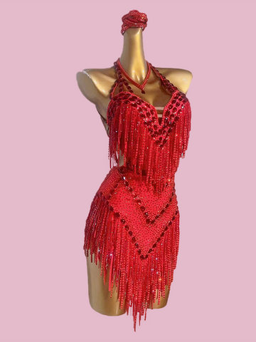 Custom Size Red Rhinestones Fringe Latin Dance Competition Dresses for Women Girls Kids Professional Art Test Dance Salsa Rumba Chacha Performance Outfits