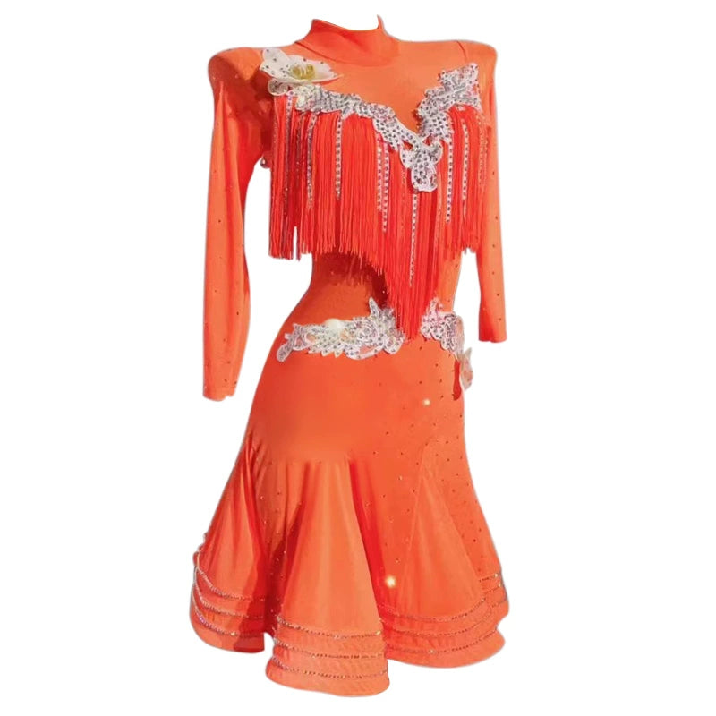 Custom Size Orange Green Latin Dance Dresses for Women Girls Competition Fringed Salsa Chacha Rumba Dance Skirt