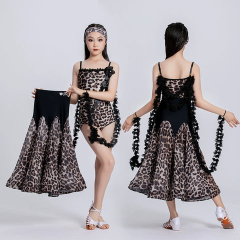 Leopard Printed Ballroom Dance Dresses for Kids Girls Professional Waltz Tango Foxtrot Smooth Dance Party Performance Gown for Children