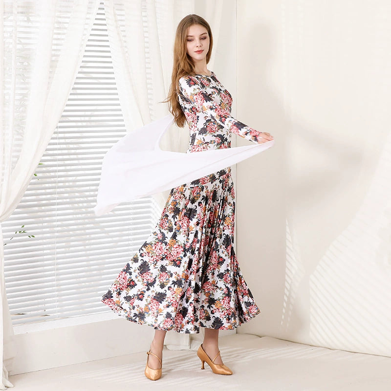 Rose White Flowers Floral Ballroom Dance Dresses for Women Girls Modern Waltz Tango Foxtrot Rhythm Flamenco Dance Costume