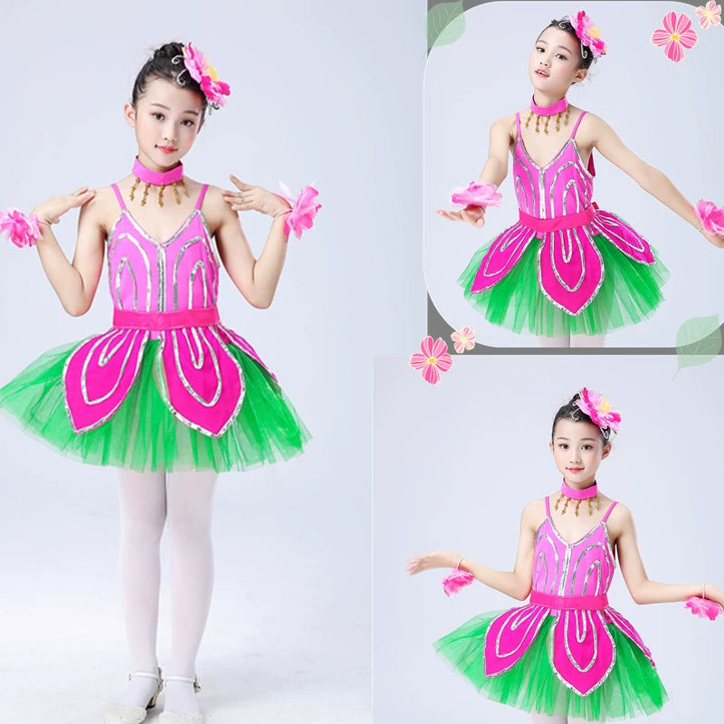 Children's Pink Petals Flowers Jazz Dance Dresses Jasmine Blossom Dance Costume Flower Fairy Tutu Skirts Performance Costume for Kids