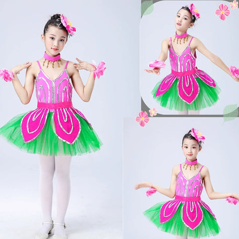 Children's Pink Petals Flowers Jazz Dance Dresses Jasmine Blossom Dance Costume Flower Fairy Tutu Skirts Performance Costume for Kids